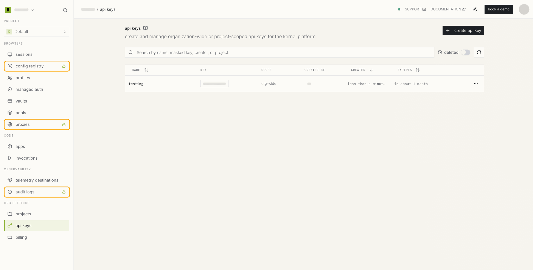 Kernel dashboard on the Developer plan, API keys page open. The sidebar lists sessions, config registry, profiles, managed auth, vaults, pools, proxies, apps, invocations, telemetry destinations, audit logs, projects, api keys, and billing, with the locked config registry, proxies, and audit logs items outlined.