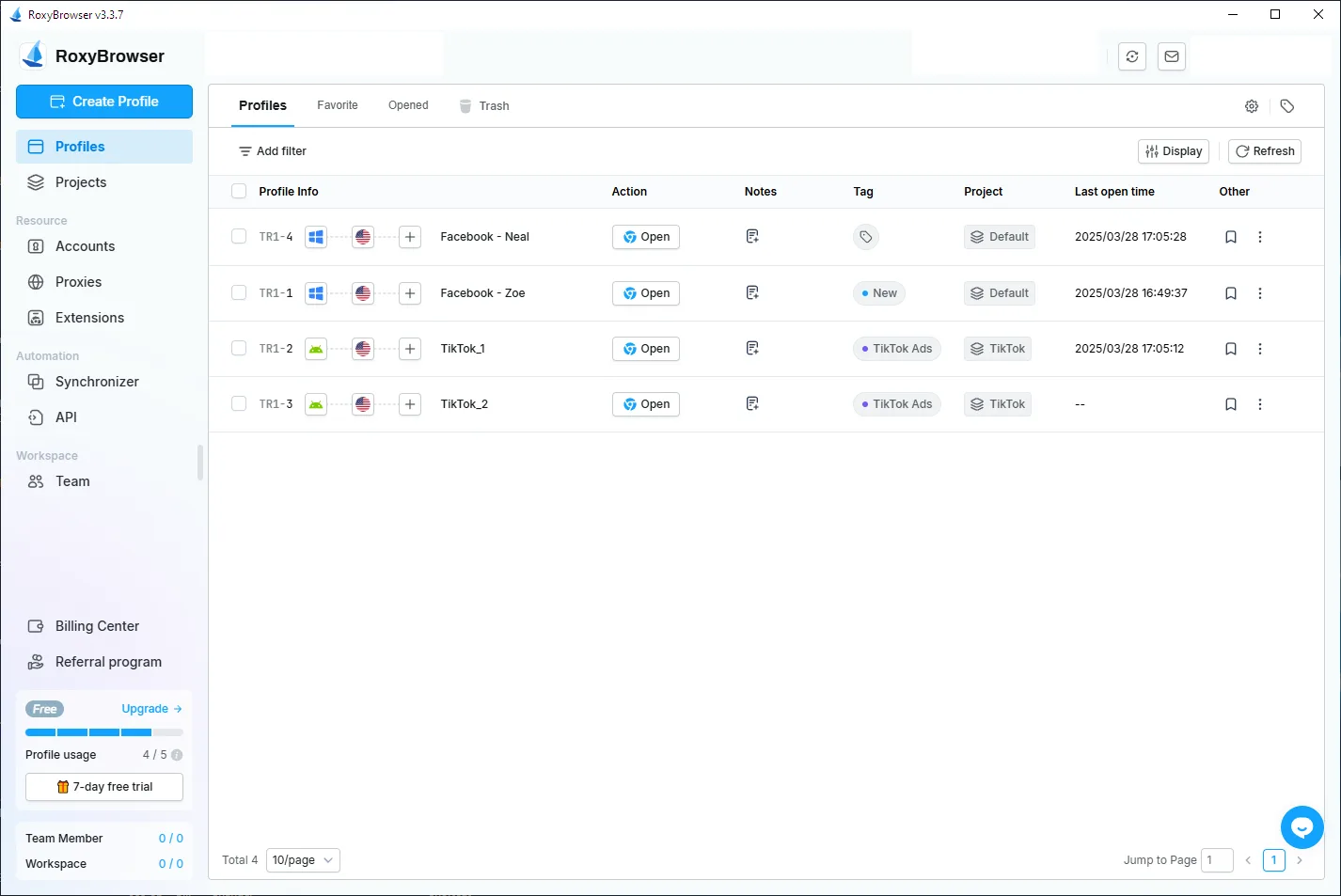 RoxyBrowser dashboard