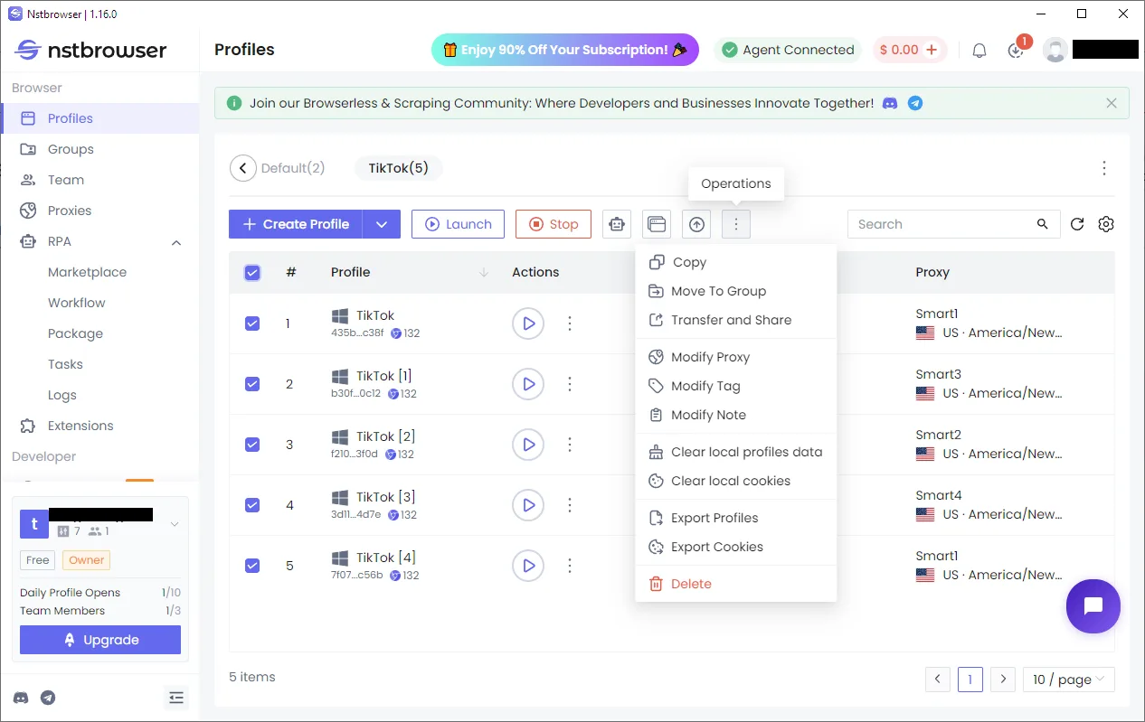 Nstbrowser profile settings