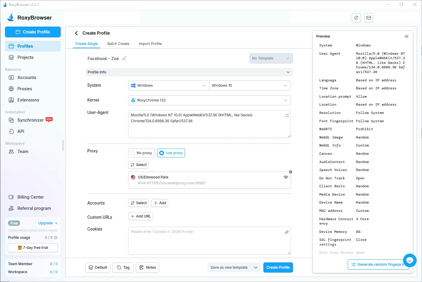 RoxyBrowser profile settings