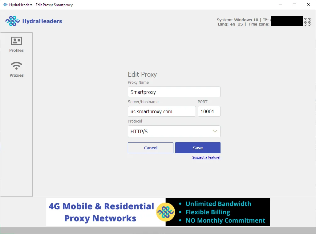Hydraheaders prosy settings
