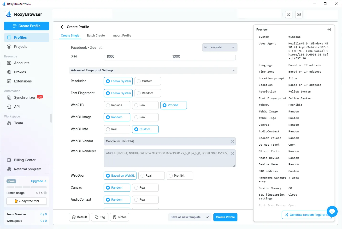 RoxyBrowser proxy settings