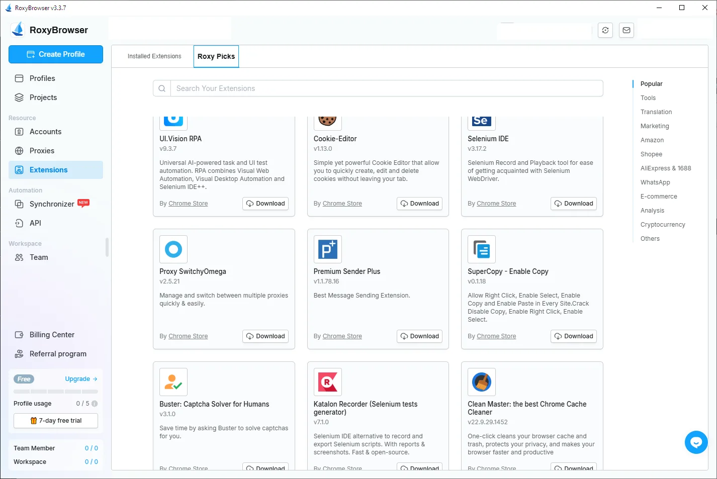 RoxyBrowser extensions