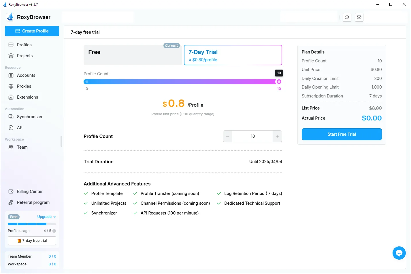 RoxyBrowser trial
