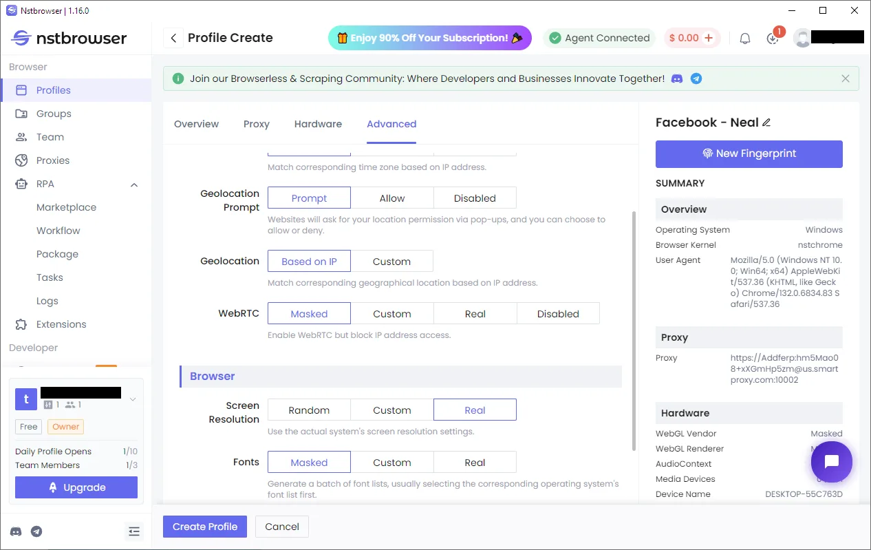 Nstbrowser profile settings