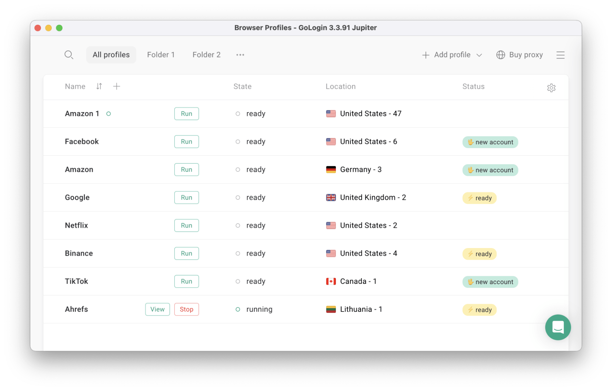 Gologin profile list dashboard