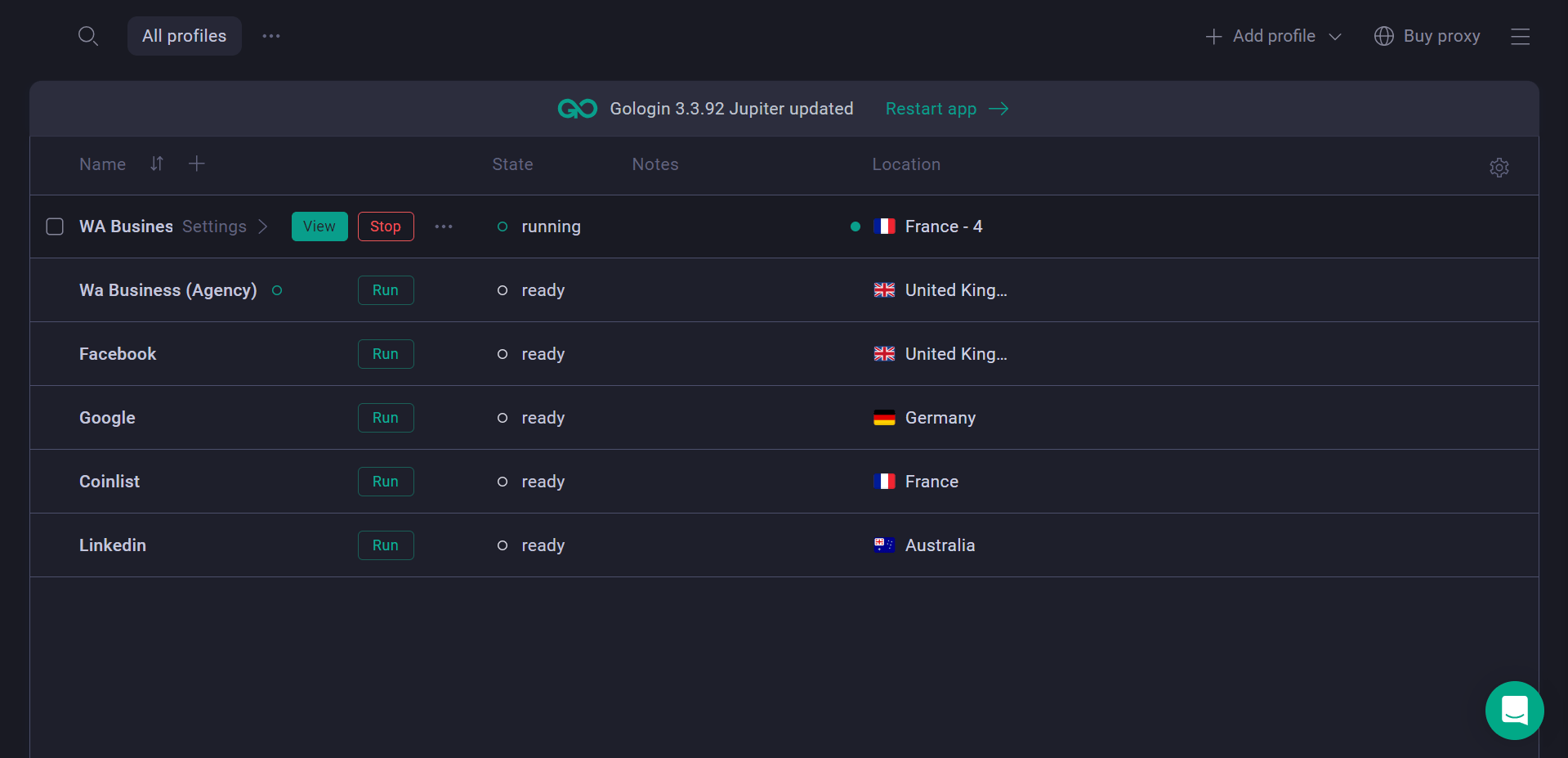 Gologin profile list