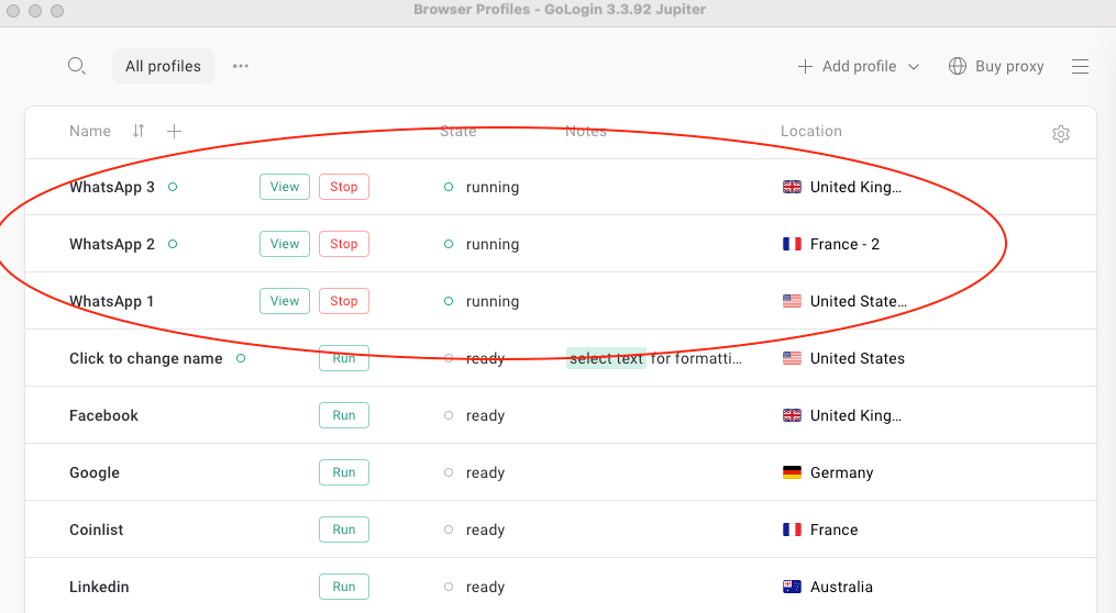 Three WhatsApp profiles running simultaneously in GoLogin