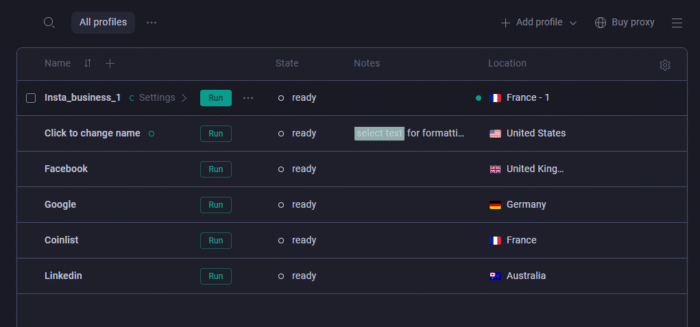 Gologin profile list
