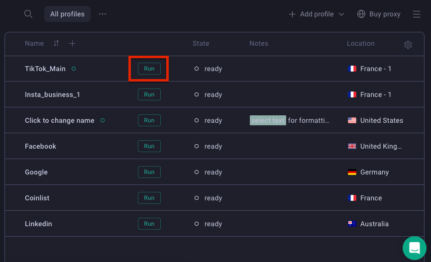  Image showing how to run browser profile settings in GoLogin antidetect browser
