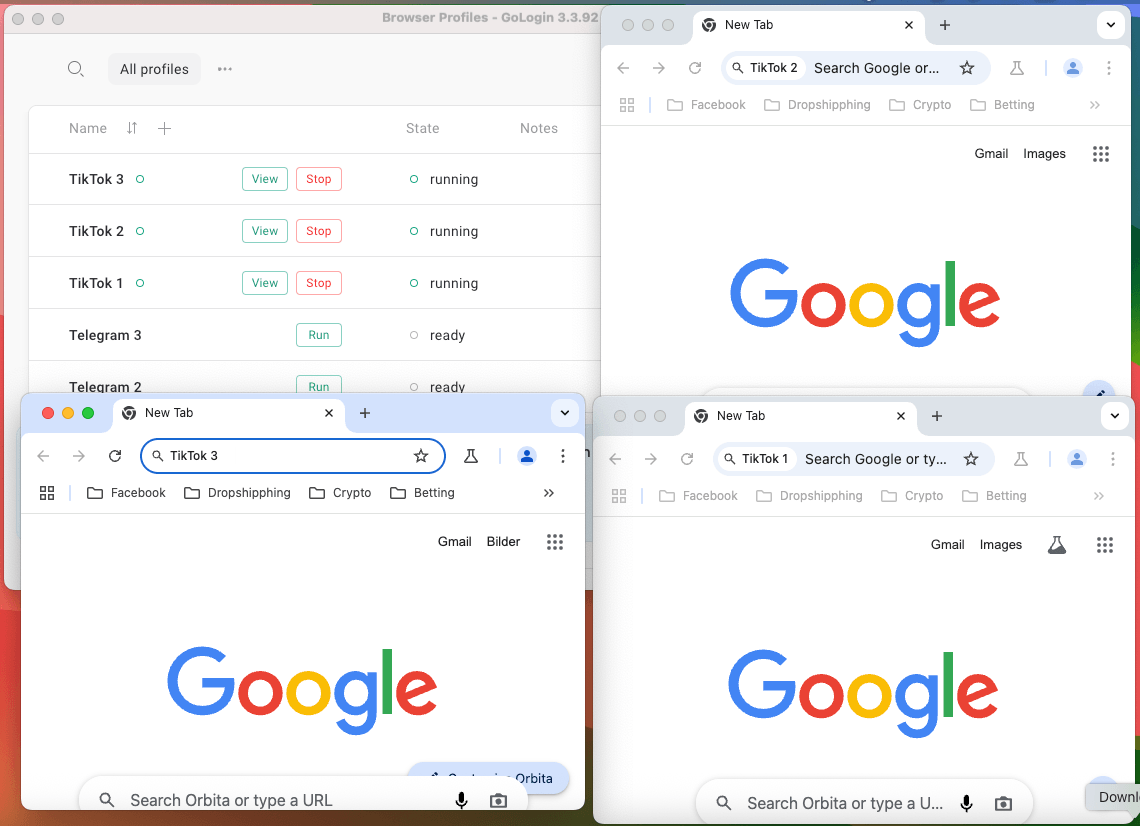 Separate browser profiles for TikTok opened in GoLogin 