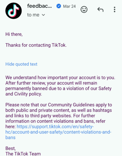 Image showing a TikTok email about account ban.