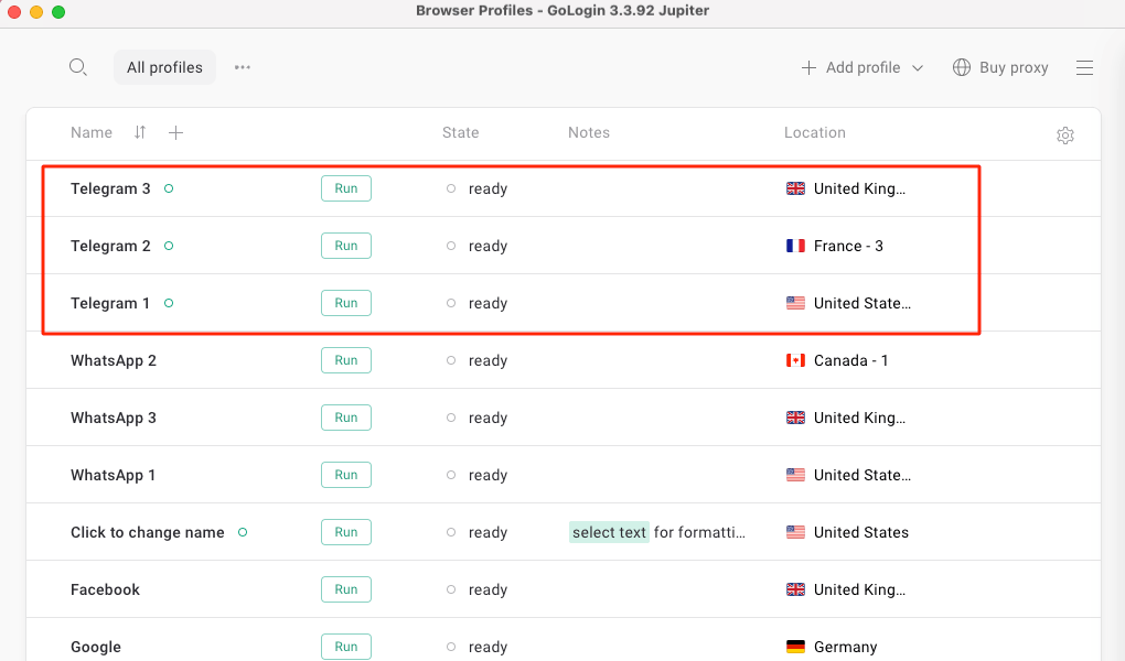 New browser profiles for Telegram in the GoLogin dashboard 