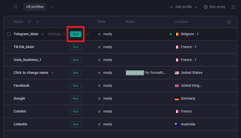 Image showing how to run browser profile settings in GoLogin antidetect browser.