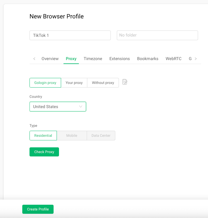 GoLogin’s New Browser Profile setup screen 
