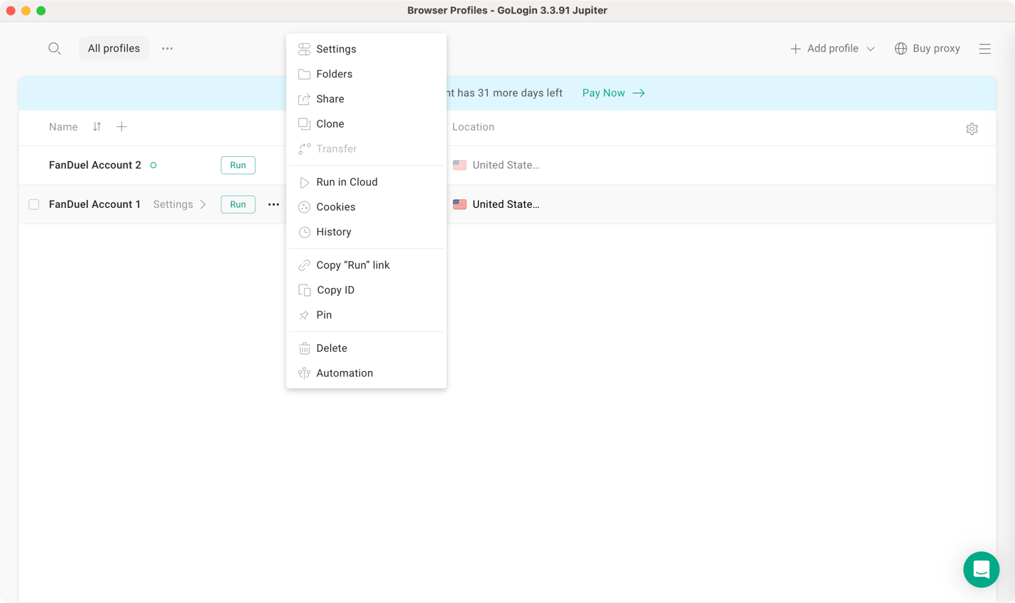 Gologin dashboard