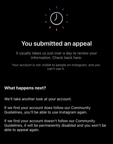 Image showing Instagram account suspension appeal submission page