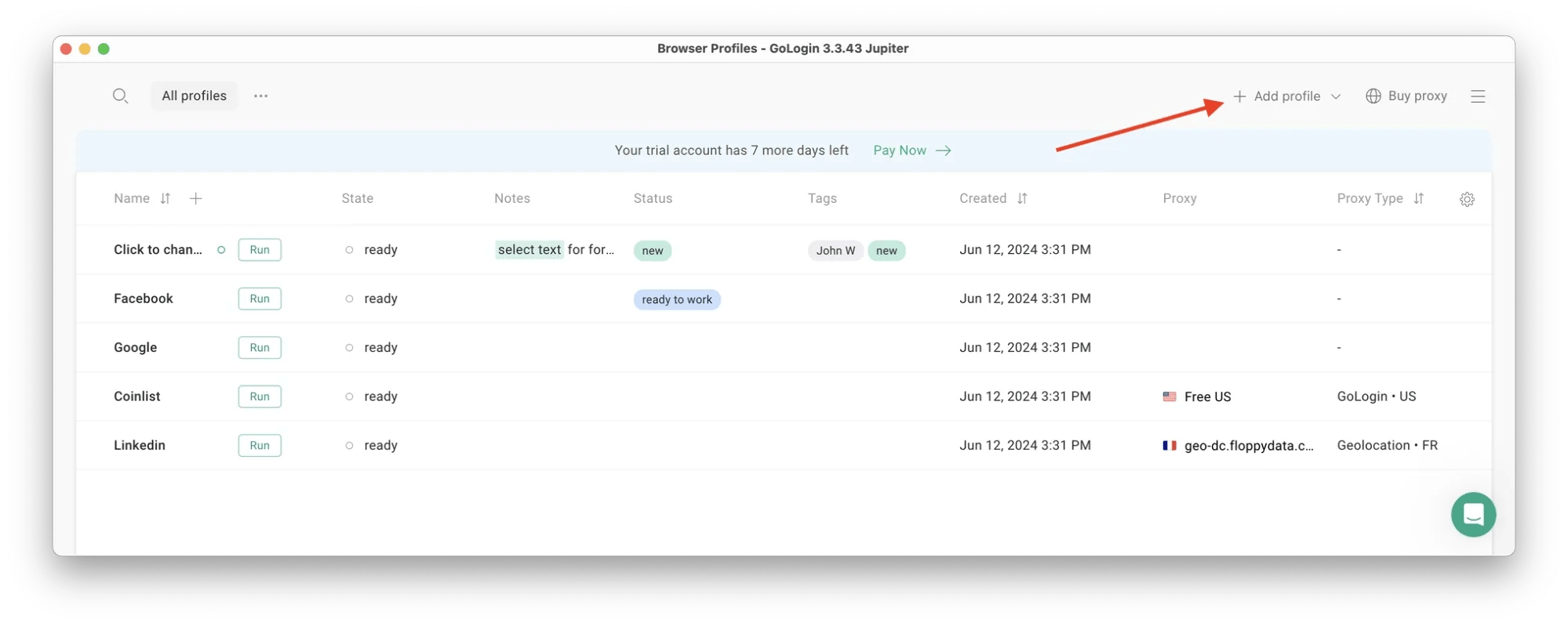 Gologin dashboard