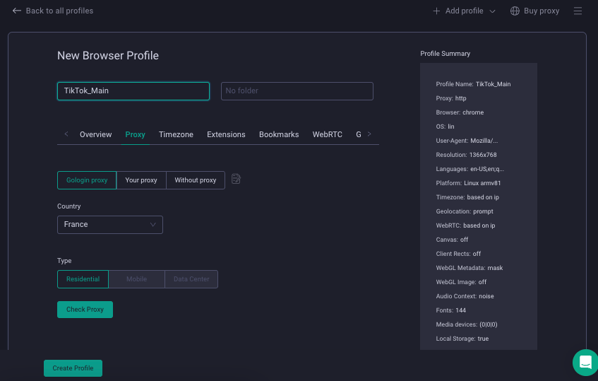 Image showing browser profile settings in GoLogin antidetect browser.