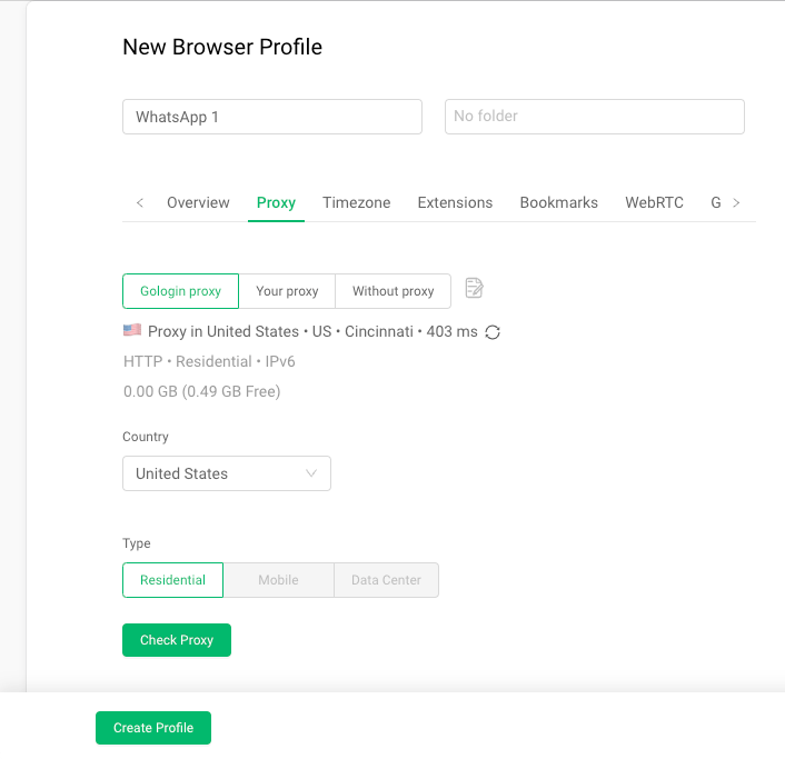 Setting up a new browser profile in GoLogin 