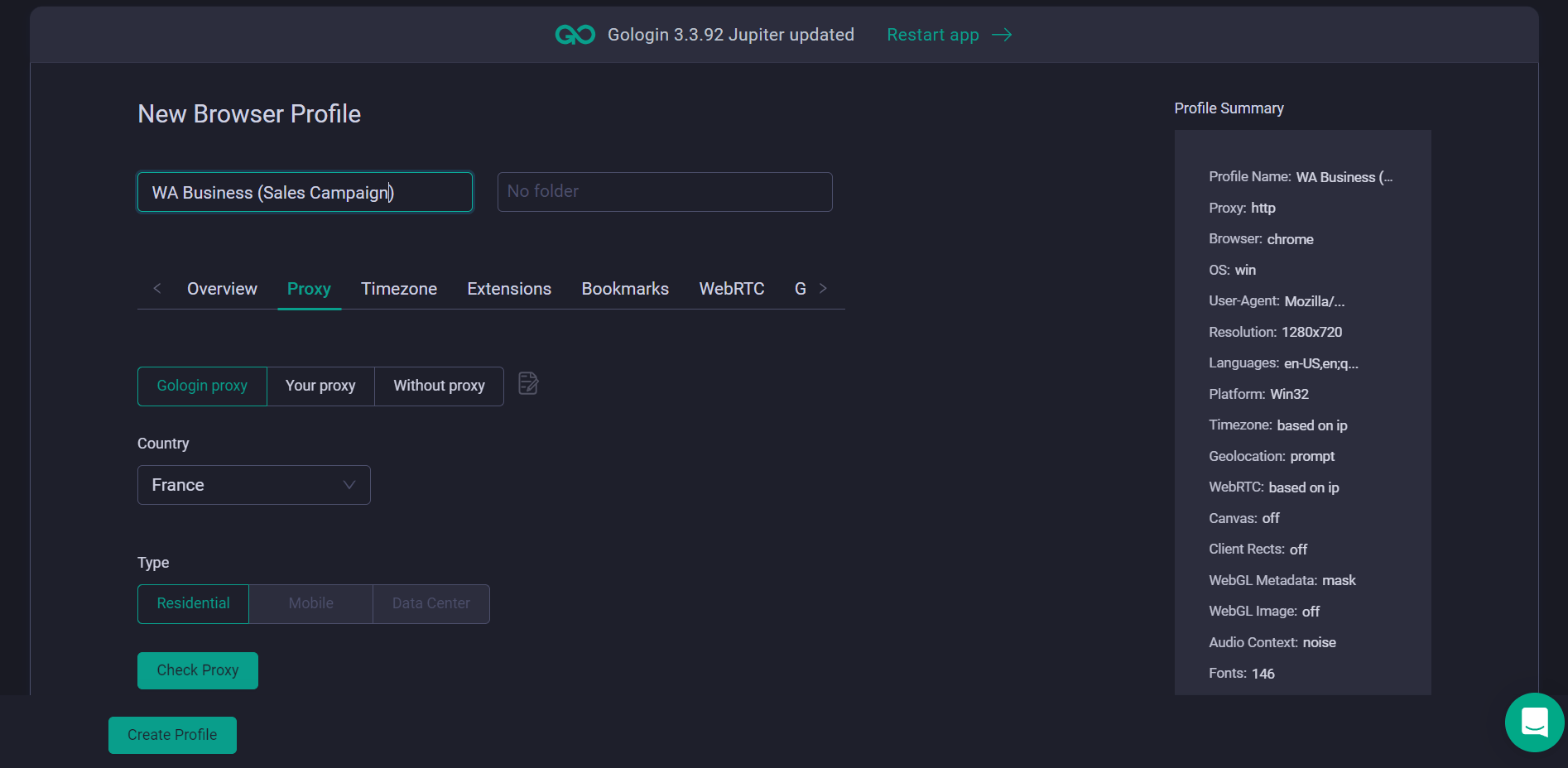 Gologin new profile settings