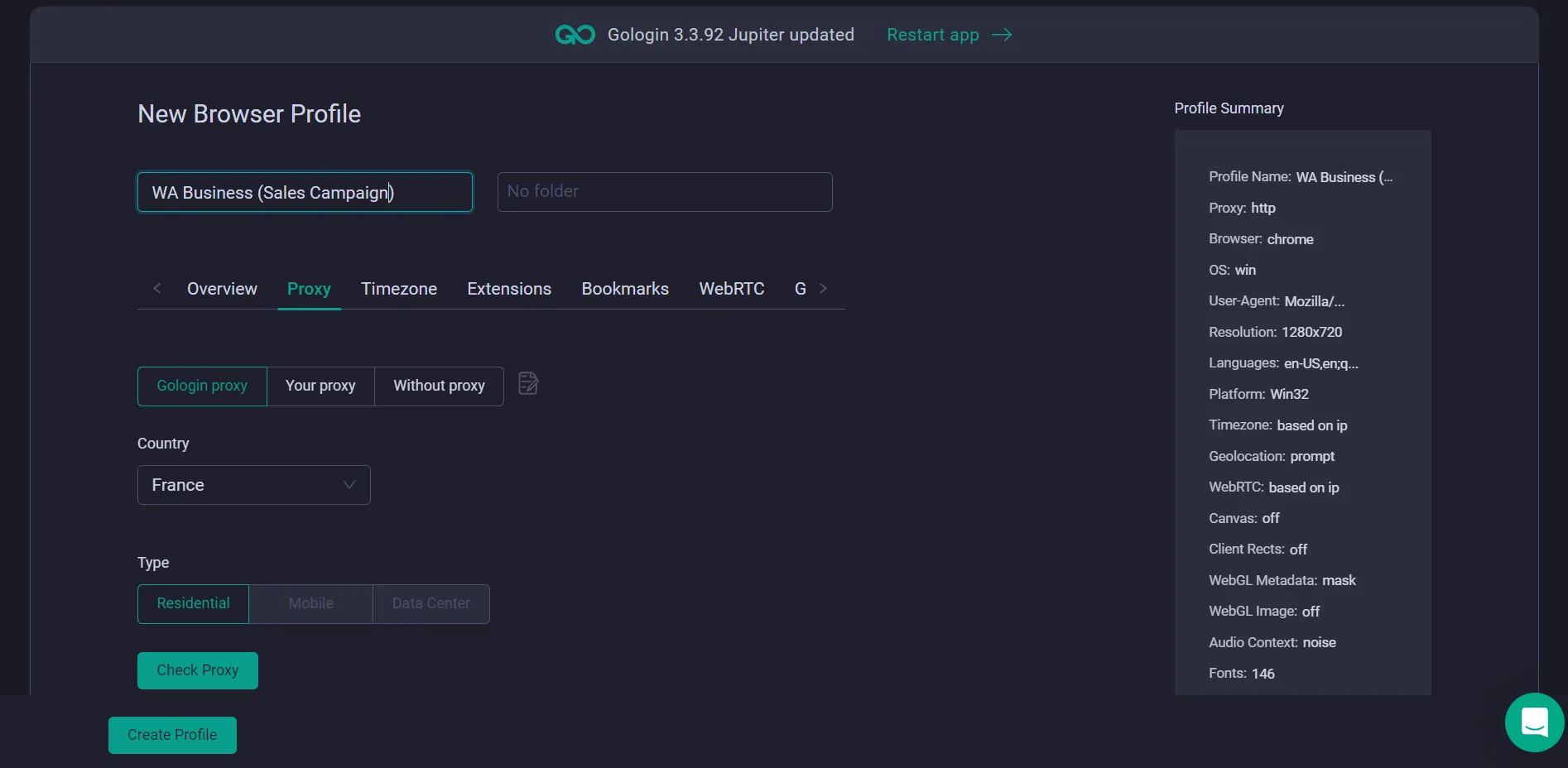 Gologin new profile settings