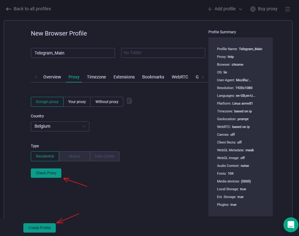 Image showing browser profile settings in GoLogin antidetect browser.