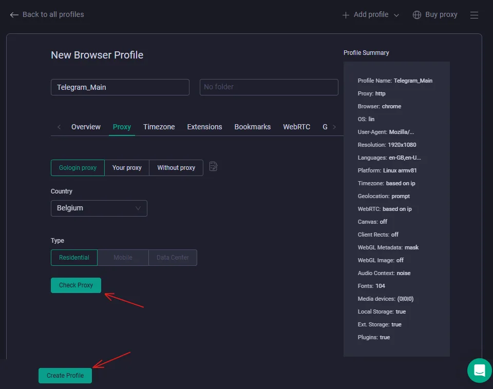 Image showing browser profile settings in GoLogin antidetect browser.