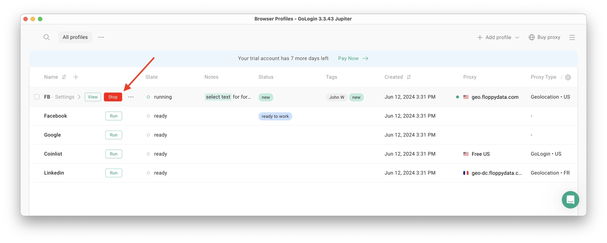 Gologin stop profile