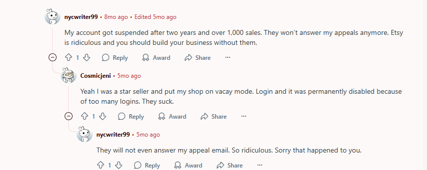 Etsy account suspensions.