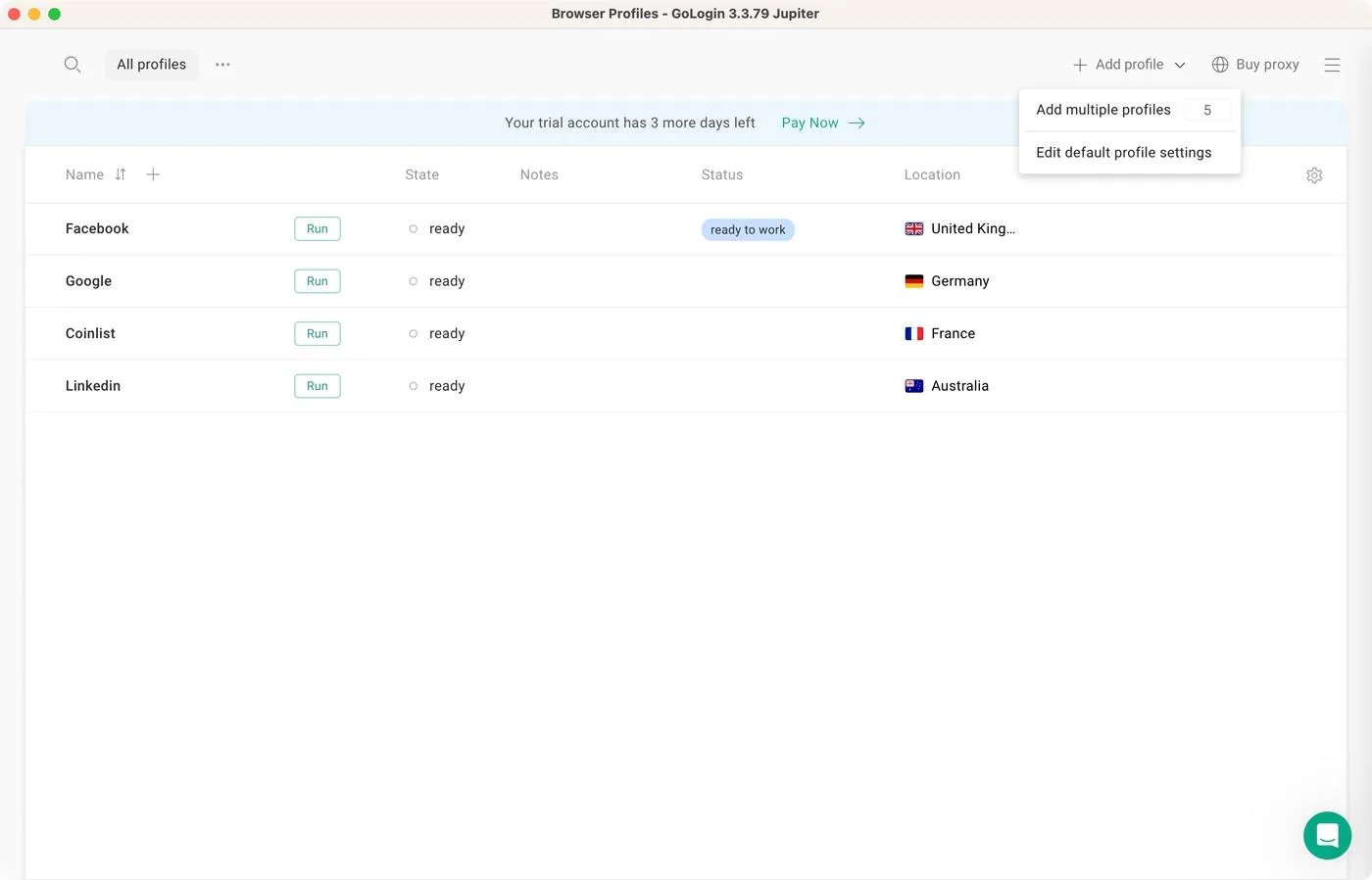 Gologin dashboard