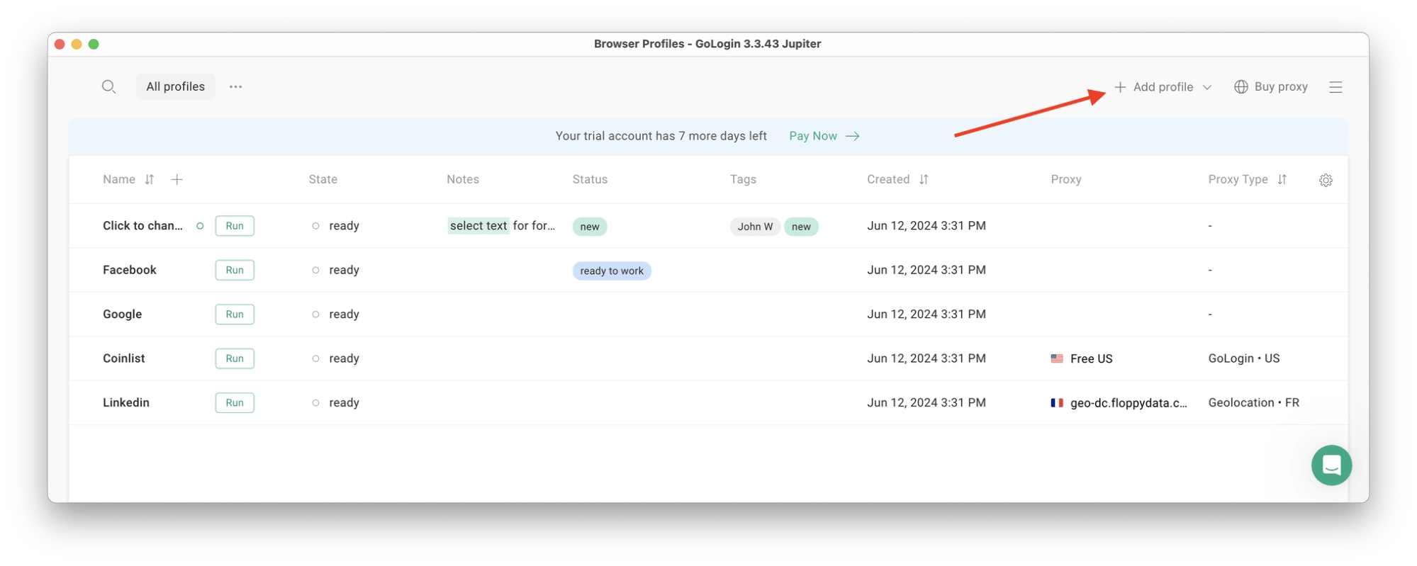 Gologin dashboard