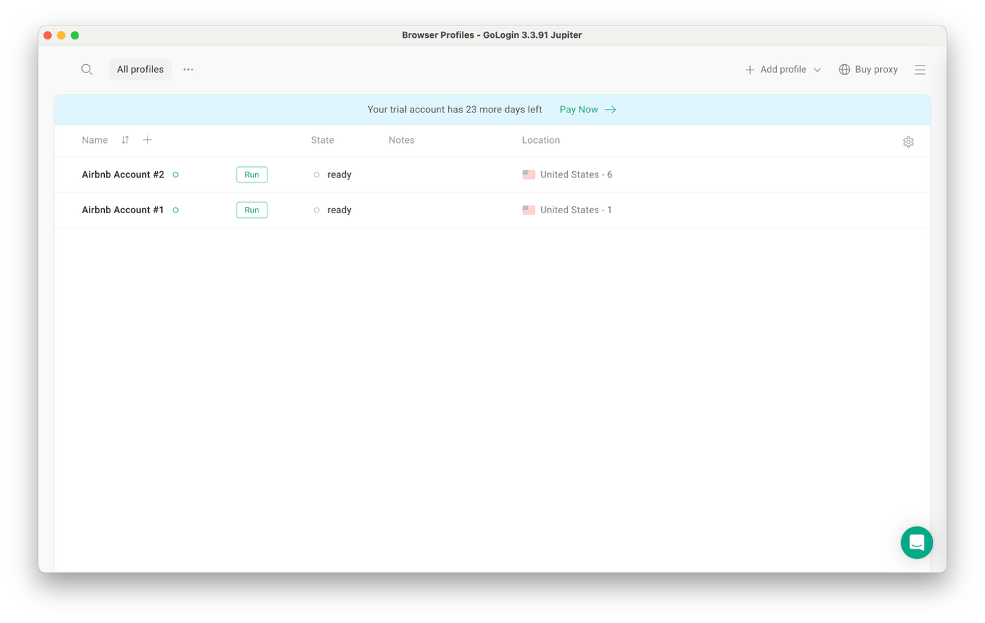 Gologin profile list dashboard