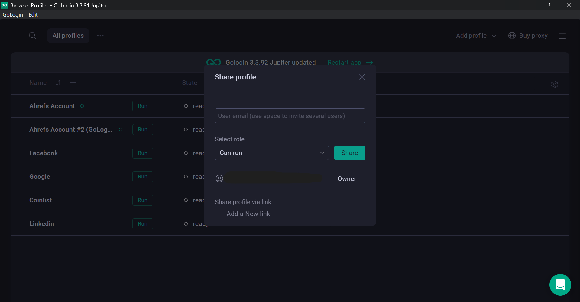 Gologin invite teammates 