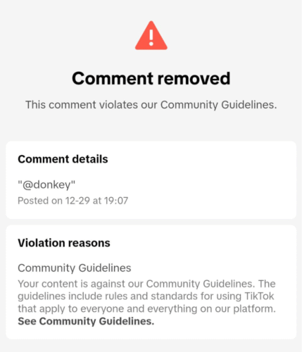  Image showing a TikTok notification for removing content. 