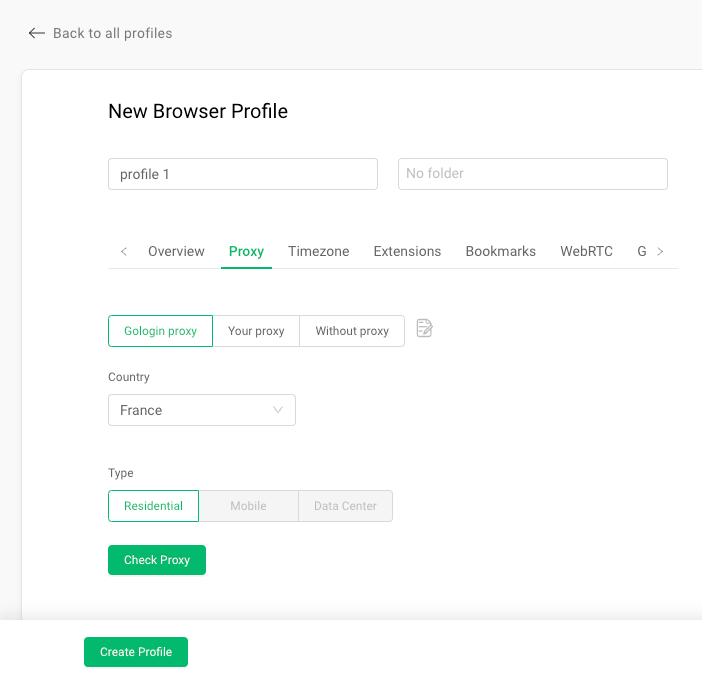 GoLogin’s New Browser Profile setup screen 