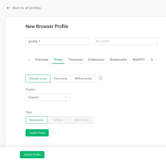 GoLogin’s New Browser Profile setup screen 