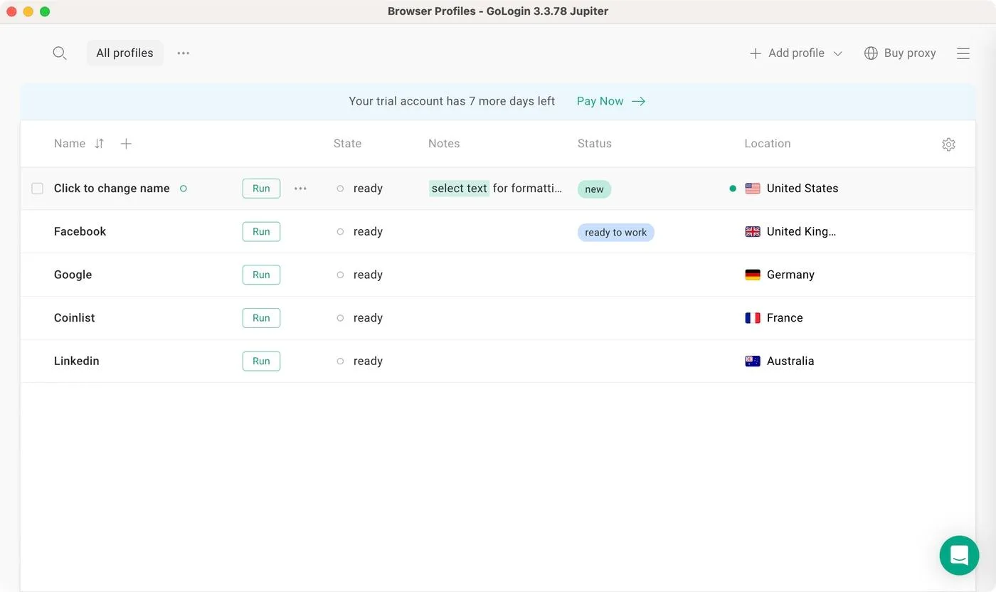 Gologin dashboard