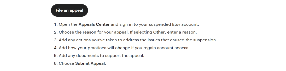 Etsy appeal letter
