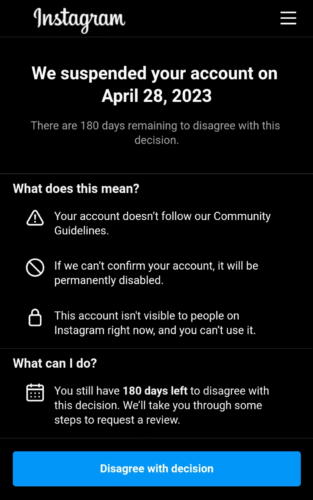 Image showing Instagram account suspension popup.