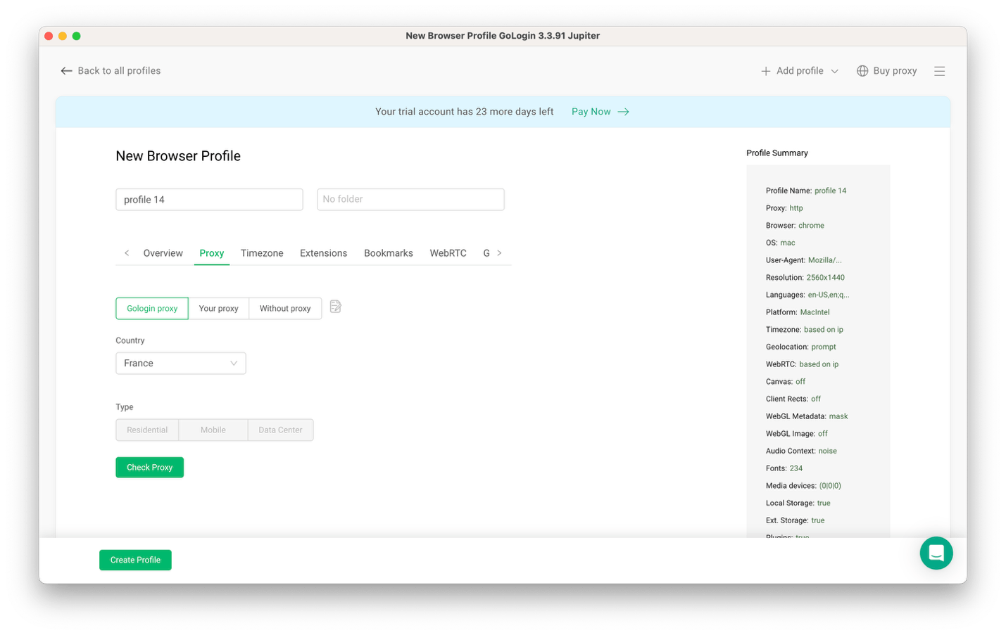 Gologin proxy settings