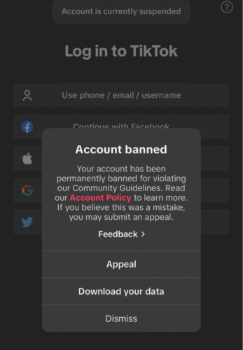 Image showing a TikTok notification about a permanent account ban.