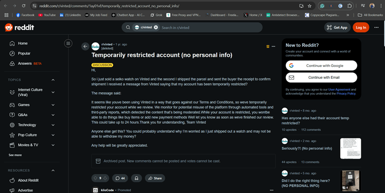 Restricted Vinted Account on Reddit