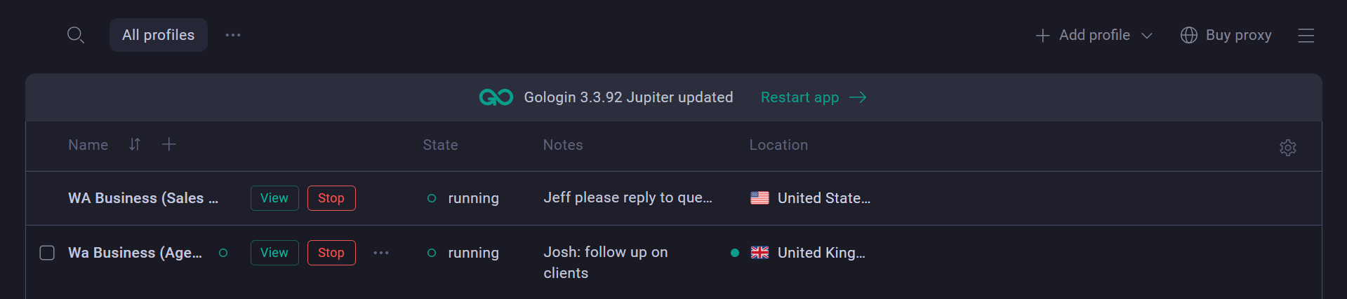 Gologin active profiles