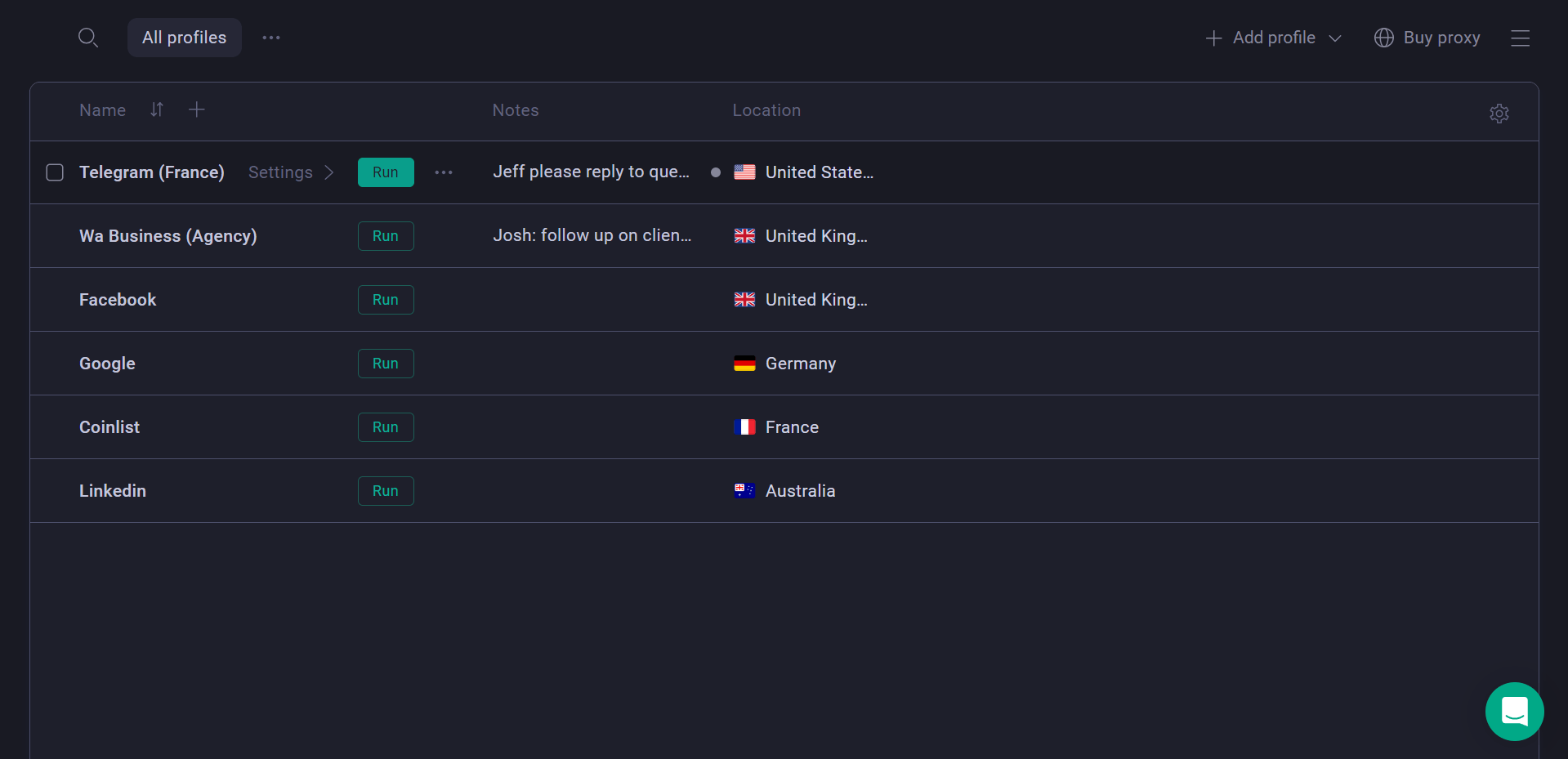 Gologin profile list