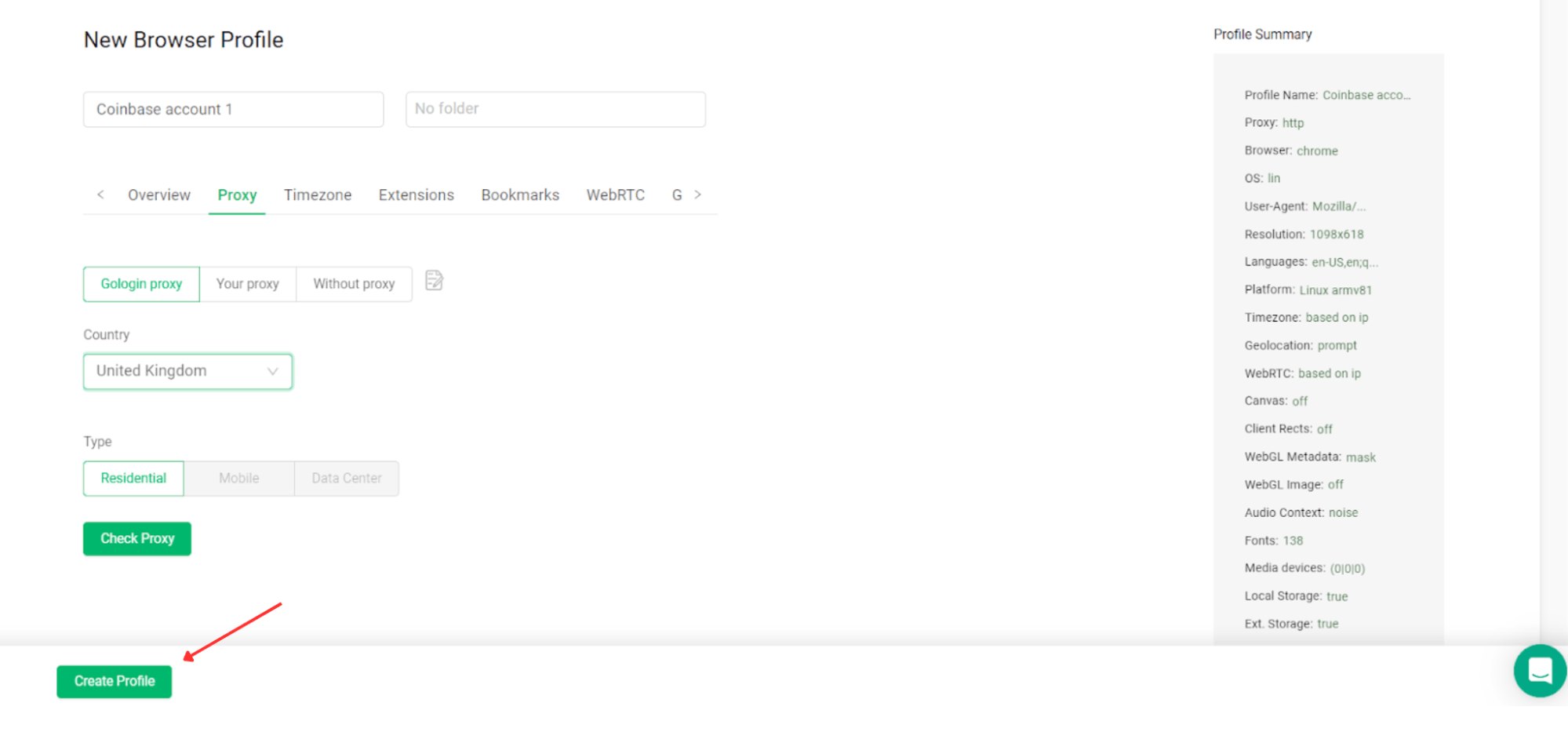 Gologin profile creating proxy settings
