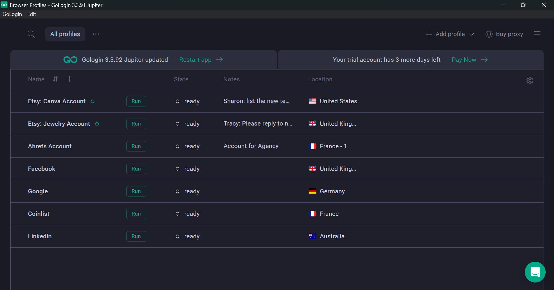 Gologin profile list