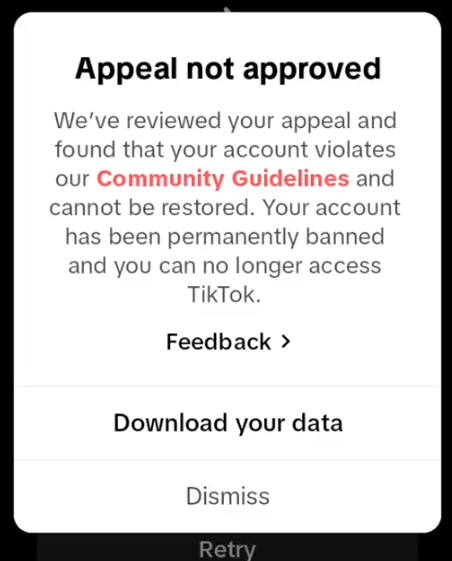 Image showing a TikTok account appeal getting rejected.