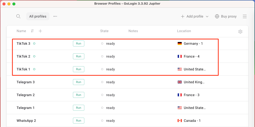 New browser profiles for TikTok in the GoLogin dashboard 