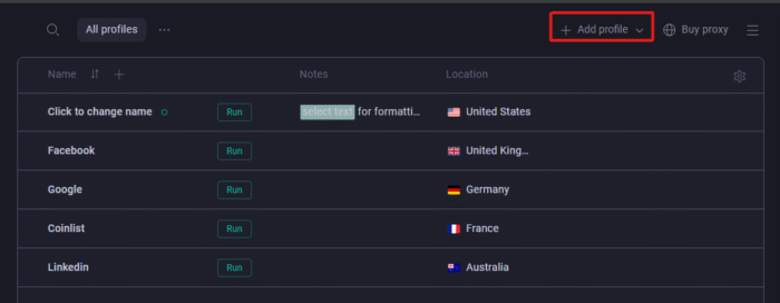 Gologin dashboard